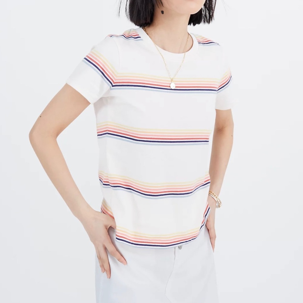 Women’s White Short-Sleeve Striped Knit Top